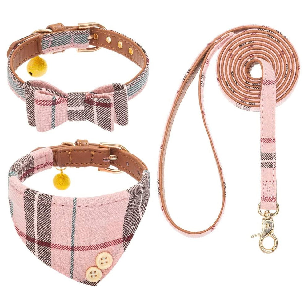 Classic Plaid Bow Tie Collar Leash Set with Bell for Puppy Cats