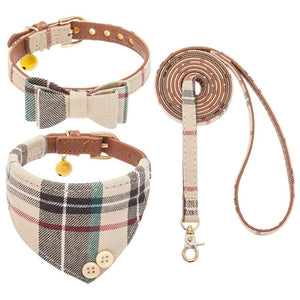 Classic Plaid Bow Tie Collar Leash Set with Bell for Puppy Cats