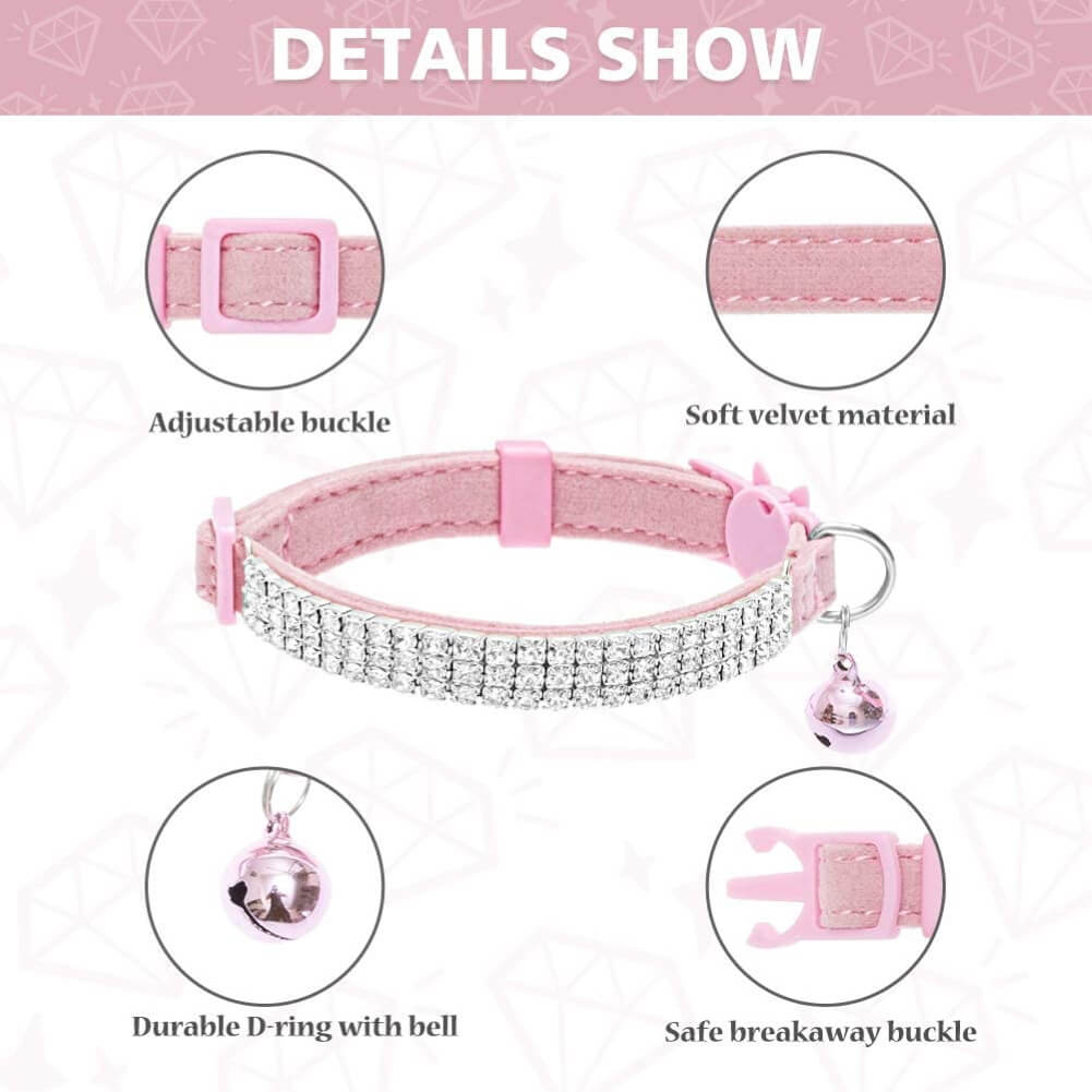 thumbnail image 2 of Rhinestone Diamond Cat Collar With Bell - Soft Leather & Nylon, Quick Release 2 of 4